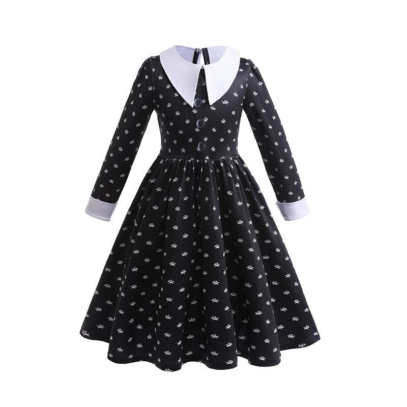 Wednesday adams black dress print dress cosplay costume adams family cos costume halloween