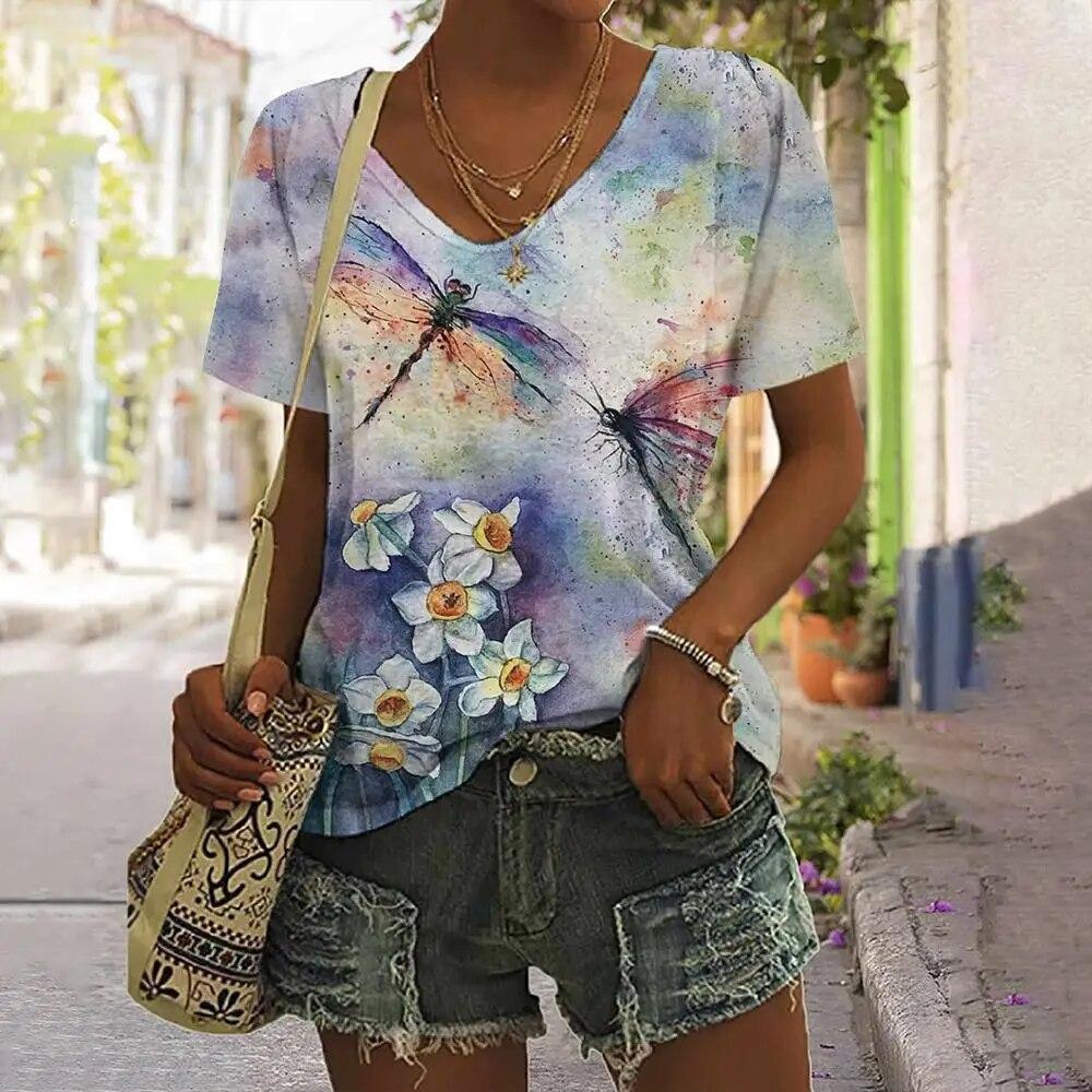 Женская футболка с принтом стрекозы, топы, одежда в стиле Харадзюку для женщин, летние повседневные футболки с v-образным вырезом и короткими рукавами, женский модный пуловер