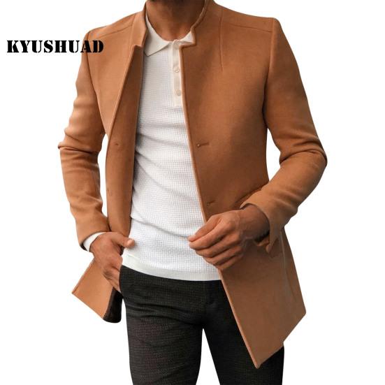 Men Suit Coat, Solid Color, Slim Fit, Single Breasted, Thicken, Trench Coat, Autumn Winter, Windproof, Woolen Jacket