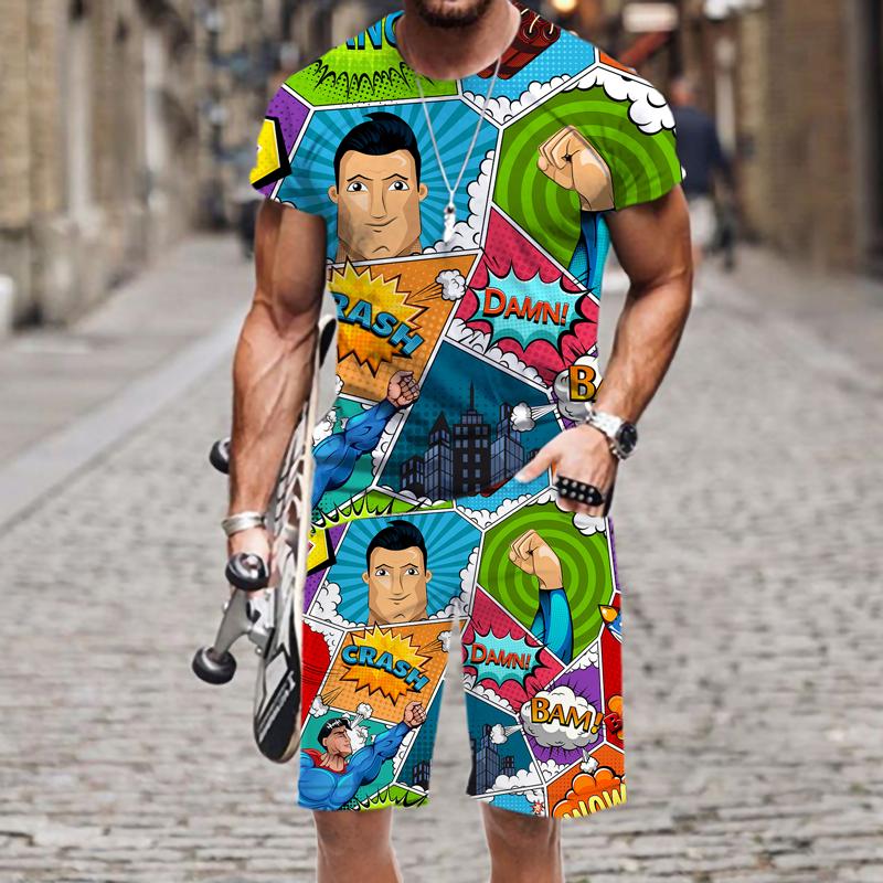 Летняя мужская футболка, комплект, забавная футболка с коротким рукавом в стиле хип-хоп, шорты, спортивный костюм из 2 предметов, красочный повседневный спортивный костюм, одежда унисекс