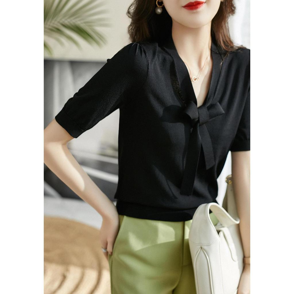 Летняя женская футболка Ice Silk с короткими рукавами, женская трикотажная футболка с V-образным вырезом и завязкой, свободная, с короткими рукавами