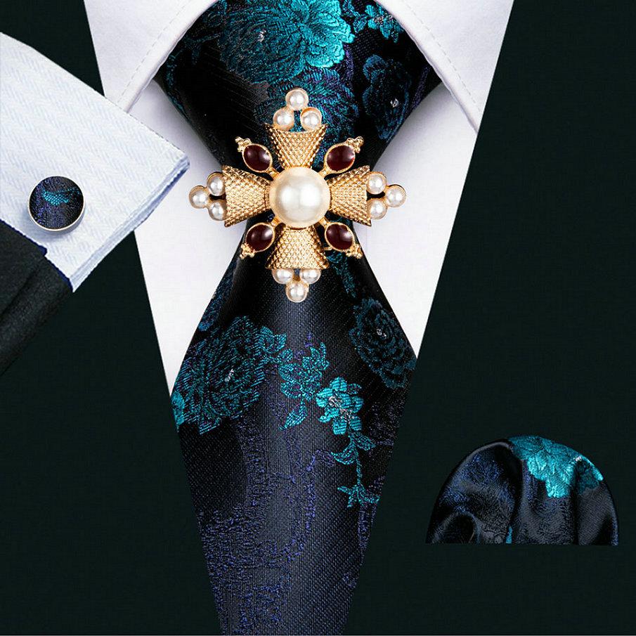 16 стилей галстука с жемчужной брошью для мужчин, тканый галстук с узором пейсли, носовой платок, запонки, комплект, свадебный формальный комплект