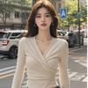 New Women's Autumn French V-Neck Pleated Long-Sleeve Slim Fit Top
