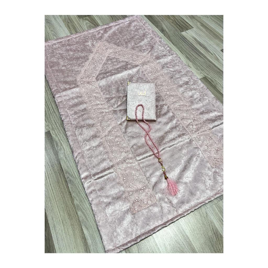 3 Piece French Guipure Embroidered Velvet Dowry Bridal Set Prayer Rug