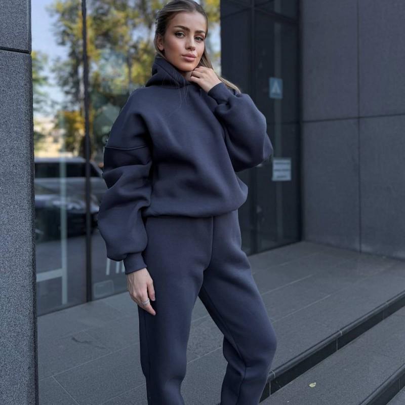 Womens Winter Casual 2-Piece Set: Loose Hooded Long Sleeve Top Elastic Waist Jogger Pants
