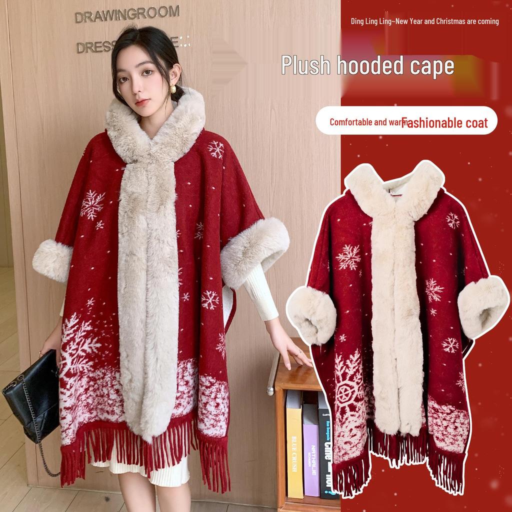 Женское пальто-накидка с капюшоном и воротником из искусственного меха выдры – Зимняя верхняя одежда с жаккардовым узором «снежинки»