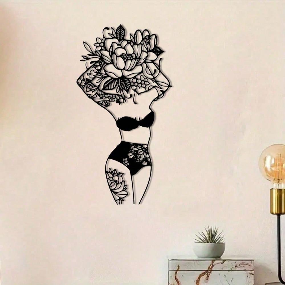 Цветочное женское тело Металлическое настенное искусство - абстрактный линейный рисунок Декор для спальни и ванной комнаты, минималистский домашний подарочный набор, подходит для современного домашнего декора