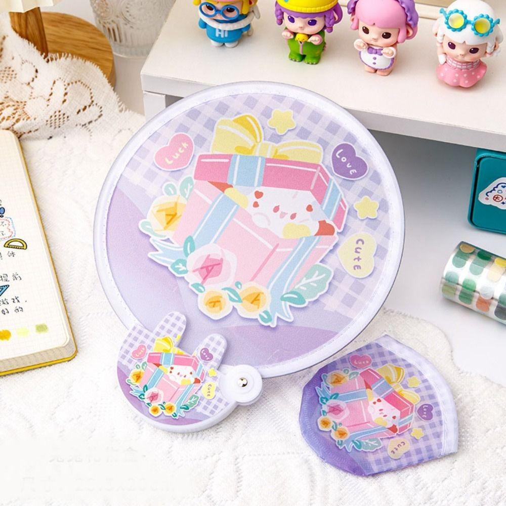 Folding Round Collapsible Pocket Fan Mini Cute Handheld Fan Portable Cartoon Pattern Foldable Fan
