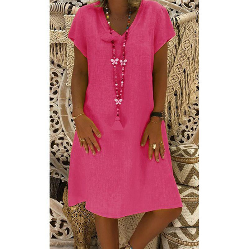 Модное повседневное летнее платье с коротким рукавом и V-образным вырезом, женское элегантное платье А-силуэта больших размеров, базовое однотонное платье для вечеринки, женская свободная женская одежда