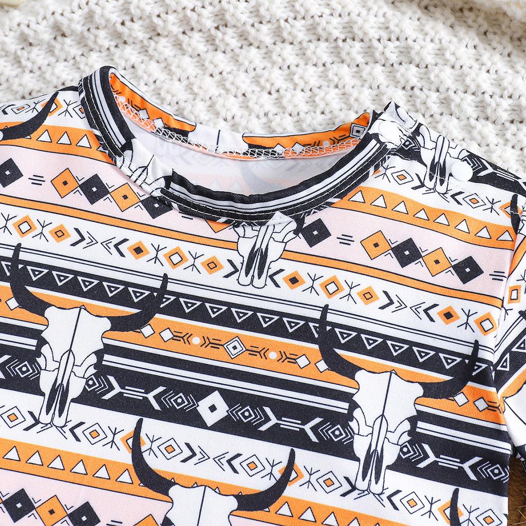 Infant Baby Cow Skull Stripe Geometric Print Romper Casual Style Short Sleeve Jumpsuit