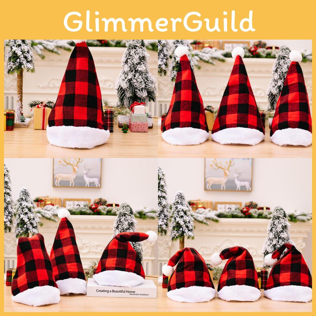 Cozy Red And Black Plaid Christmas Hat With Soft White Fur Pom Poms For Festive Cheer