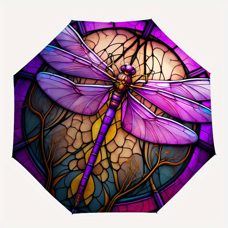 Stained Dragonfly Artwork: Vibrant Purple DesignUmbrella, Portable 3-Fold Compact Umbrella,Christmas Gift ES402