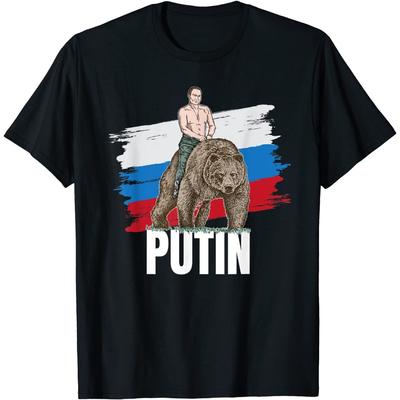 Путин на Медведе Россия Президент Москва Подарок Мужская Футболка Короткий Повседневная 100% ХЛОПОК Круглый Вырез Рубашки