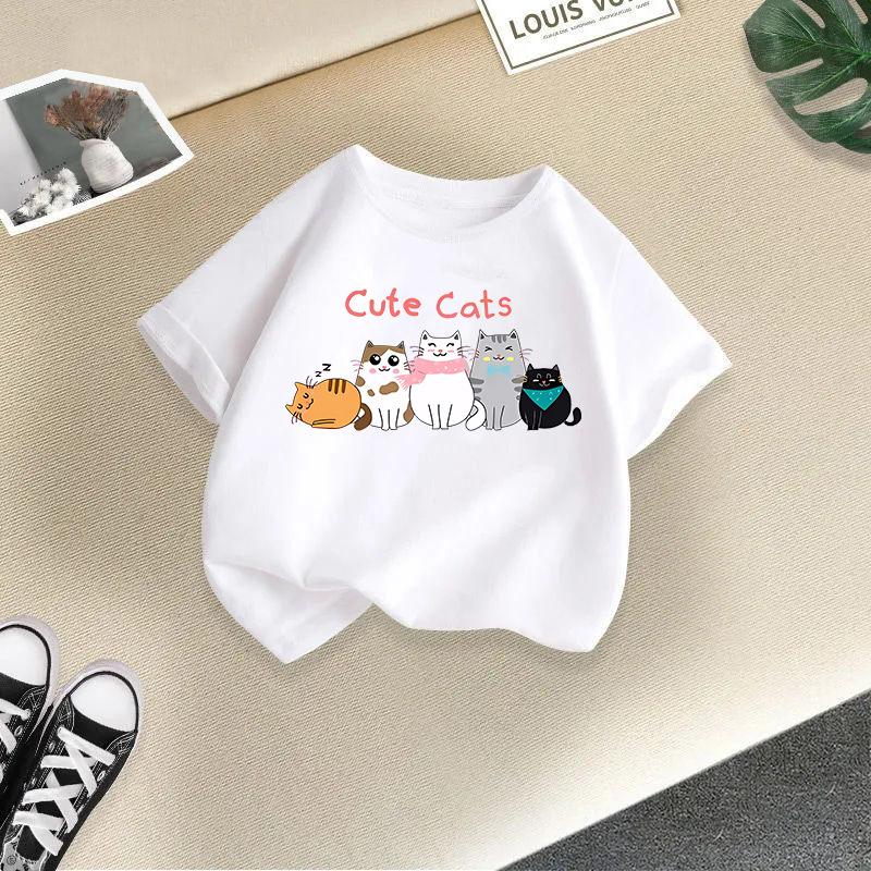 2-13Y Children T-shirt Cat Printed Kids Clothes 100% Cotton T-shirt Tops Tee Boys Girls Baby Tee