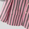 INCERUN Oversized Men Lapel Neck Long Sleeve Striped Print Casual Thin Blazer Suit Coats