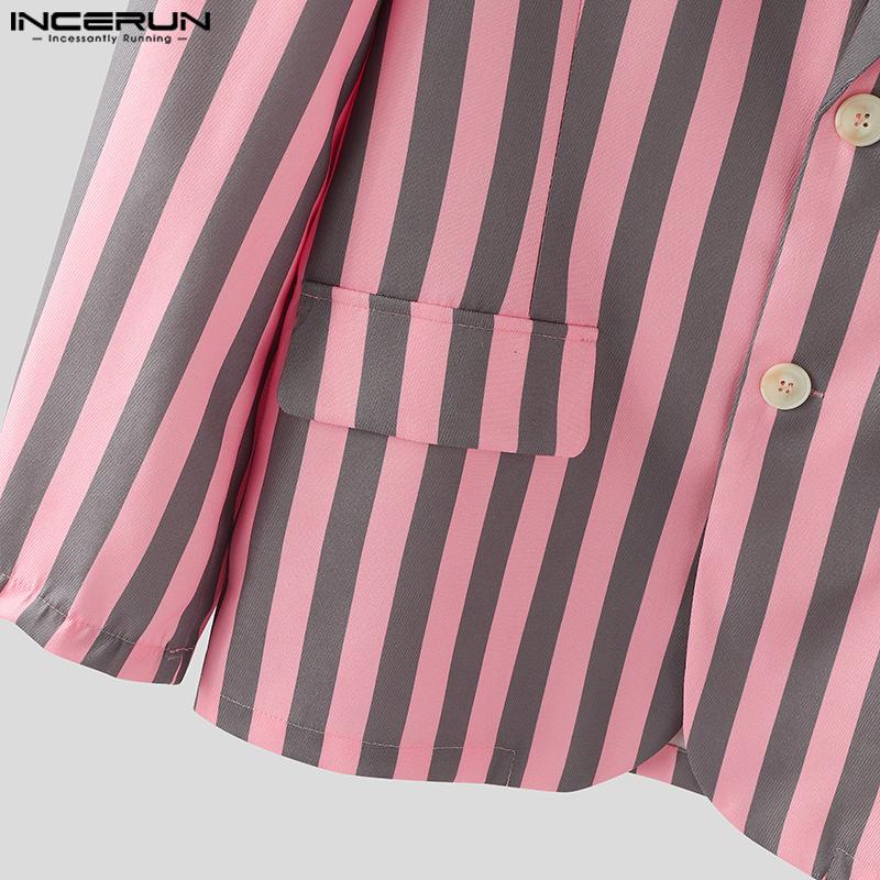 INCERUN Oversized Men Lapel Neck Long Sleeve Striped Print Casual Thin Blazer Suit Coats