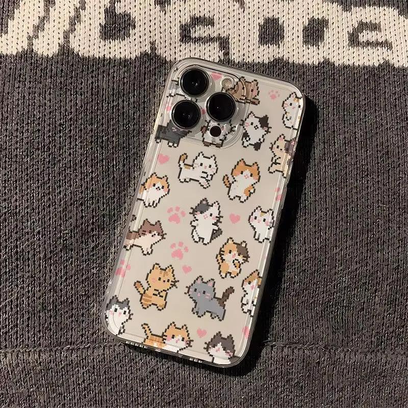 Pixel Style Cat and Paw Print Phone Case for iPhone 17 16 15 14 13 12 11 16E Series Pro Max Plus Double Layer Protection