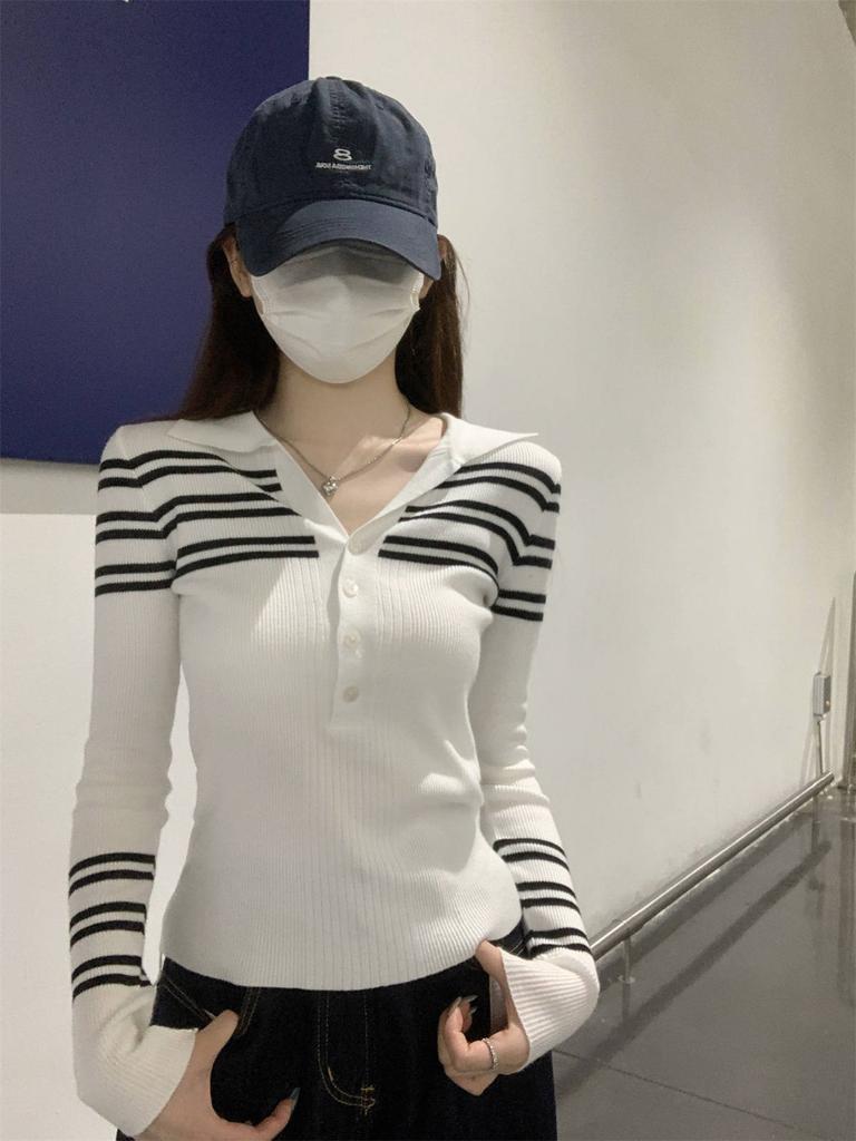Contrasting Striped Olo Shirt Knitted Long-sleeved Shirt Bottoming Shirt with Women's Spring and Autumn Semi-open Neck High-end Top