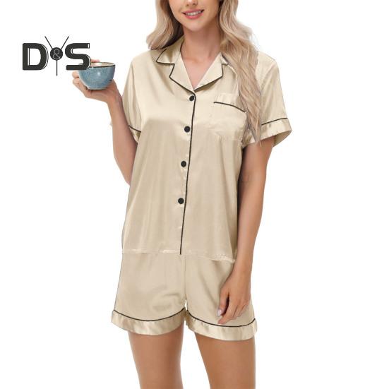 Пижамный костюм из 2 предметов, атласный однобортный кардиган, рубашка с V-образным вырезом, воротником-стойкой, однотонная рубашка с нагрудным карманом, свободные шорты, ночная рубашка, одежда для сна
