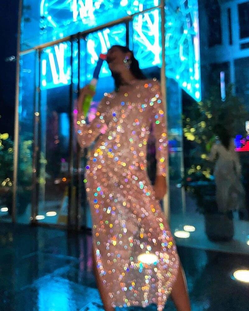 Пользовательские Кристалл Горный Хрусталь Блестящий Дизайнер Сексуальная Рыбалка Сетка Полый Боковой Разрез Платье Пакет Бедра Длинное Платье Сексуальный Наряд S3503