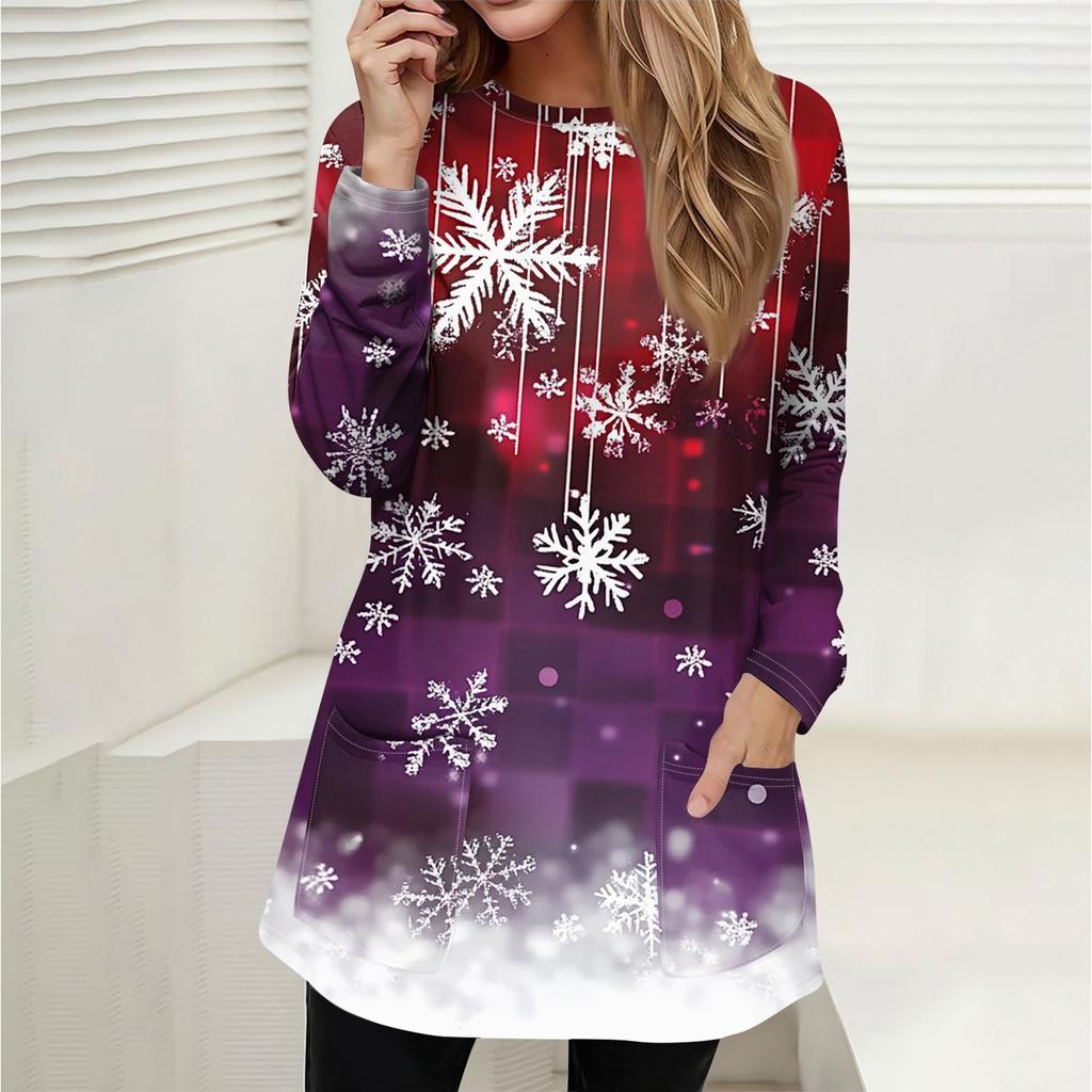 Женская толстовка, пуловер, спортивная одежда, карман, рождественский принт, повседневный топ с круглым вырезом и длинными рукавами