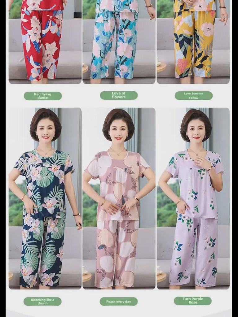 Женский летний пижамный комплект из хлопкового шелка - комплект из двух предметов с короткими рукавами для матерей среднего и пожилого возраста, подходит для ношения в помещении и на улице
