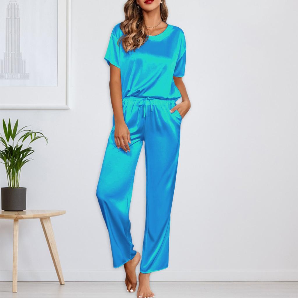 Женский шелковый однотонный пижамный комплект, рубашка с коротким рукавом и длинные пижамные штаны, мягкая пижама, домашняя одежда