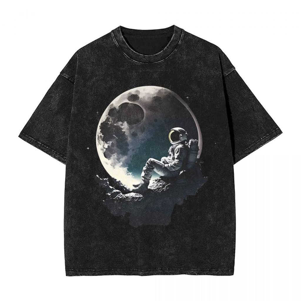 Astronauts Cherish The Lunar Environment Moon woman Men Washed Hot stamping Print TShirt Cotton Tshirt Summer Short Sleeve Tee