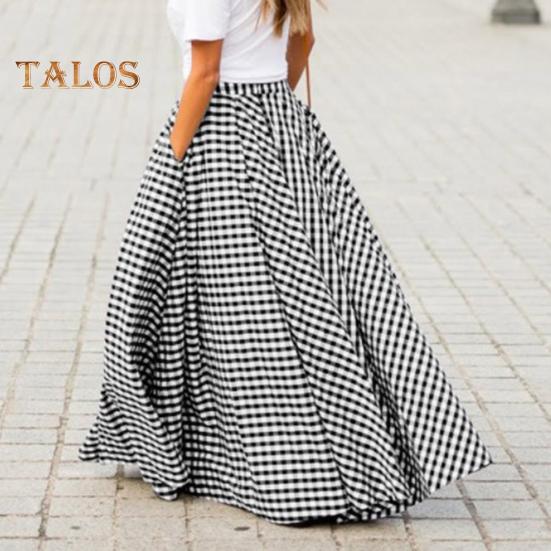 Женская юбка-макси с эластичной высокой талией и клетчатым принтом, юбка-трапеция с карманами, большой подол, ретро-юбка, уличная одежда