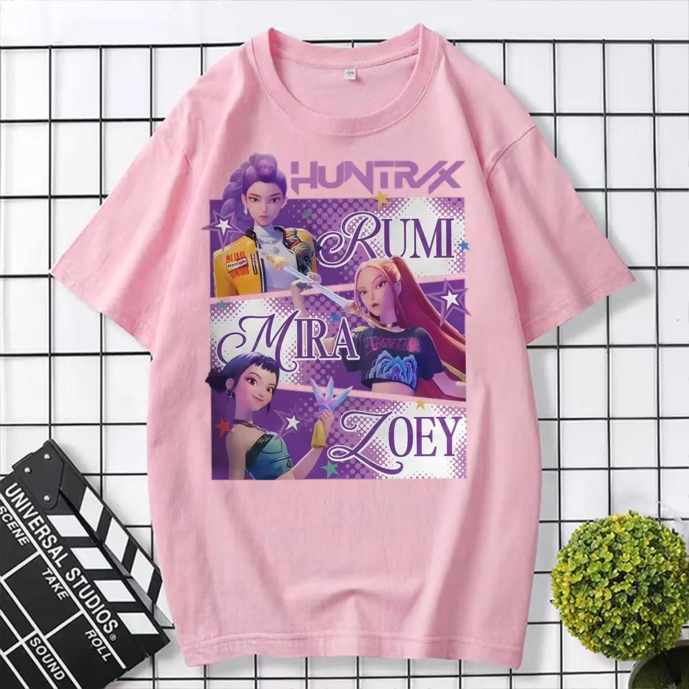 Модная K-pop футболка Охотники на демонов Huntrix Girl Rumi Zoey Mira Графическая футболка Мужская Женская 100% Хлопок Корейская уличная одежда Топ