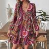Fall Women's Long-sleeved V-neck Loose Print Boho Dress