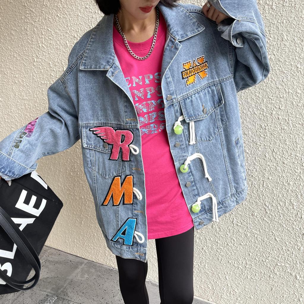 Осенне-зимняя модная джинсовая куртка большого размера для девочек с флокированными буквами, пальто, женское пальто с длинными рукавами для парней, джинсовая верхняя одежда для влюбленных пар