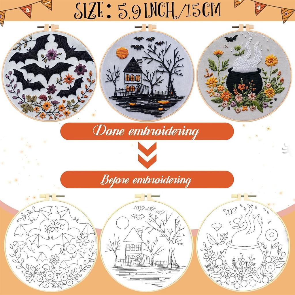 1Pc Halloween Skull Bat Witch Hat DIY Embroidery Needlework Bamboo Embroidery Frame English Kit