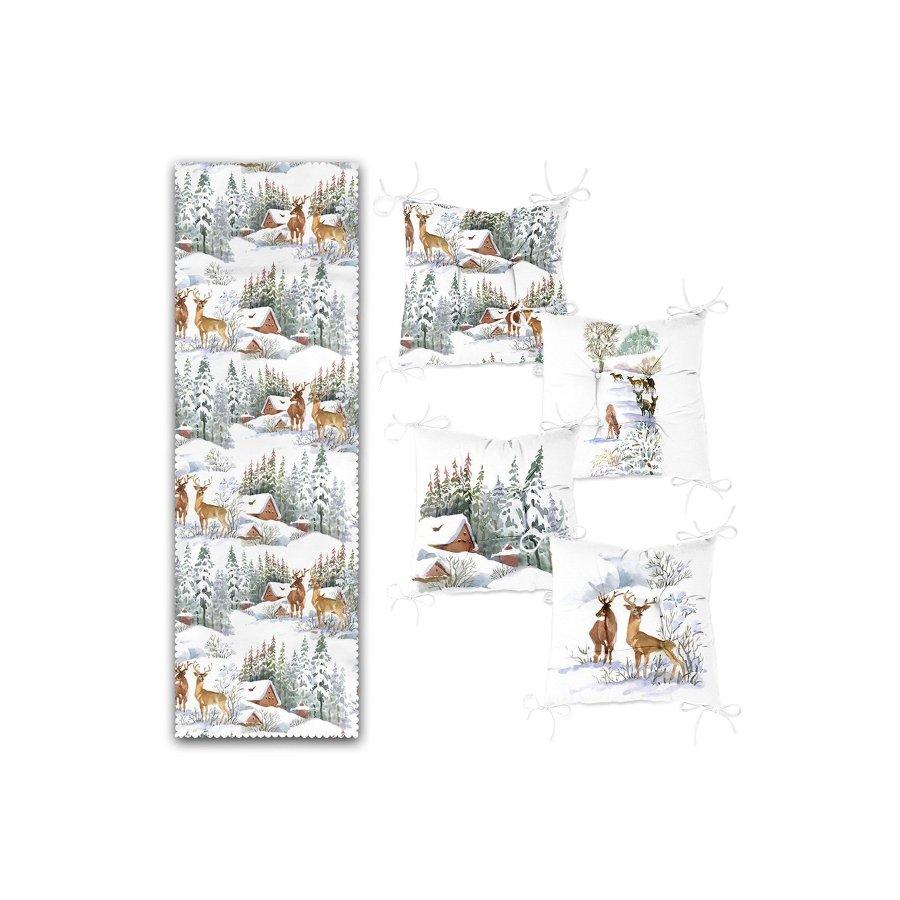 Набор подушек для стула с новогодним тематическим принтом оленя / 4 квадратных подушки для стула 40×40 см и 1 дорожка