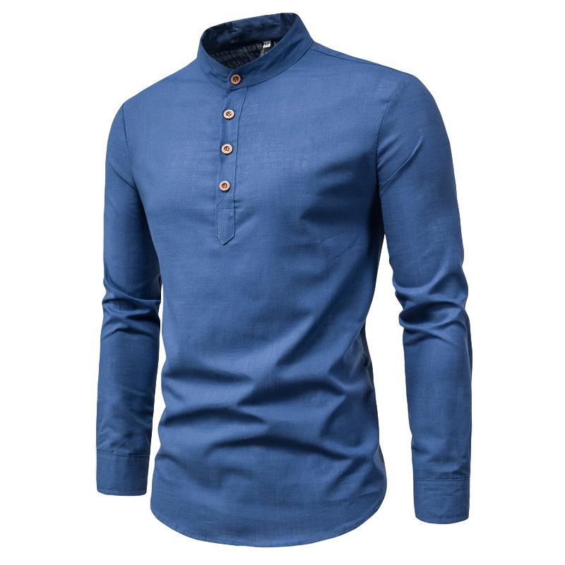 Весенне-осенняя мода Slim Fit Однотонная с длинным рукавом Мужская одежда Деловая Стойка воротник Хлопок Лен Универсальные Шикарные рубашки