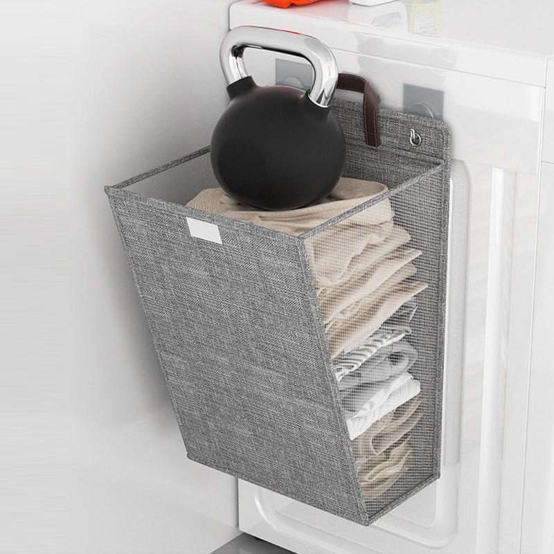 Household Laundry Basket Hamper Foldable Adhesive Multifunctional Punch Free Wall Hanging Washing Clothes Mesh Hook Organizer