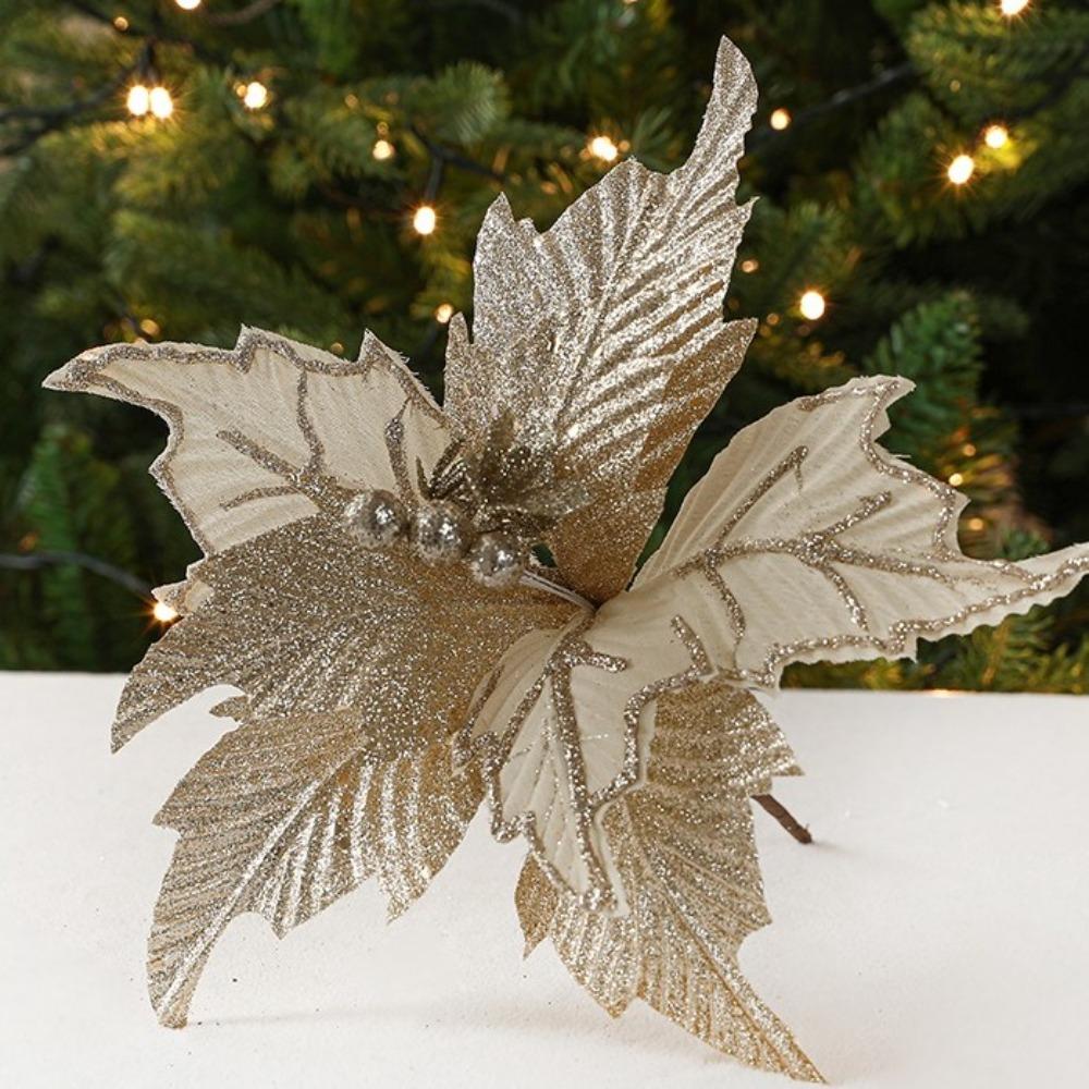 New 26cm Poinsettia Glitter Flower DIY Fake Flowers Christmas Flowers Large Wedding Decor Xmas Tree Decorations