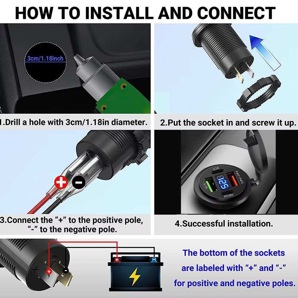 Разъем автомобильного зарядного устройства 83 Вт PD30 Вт быстрая зарядка двойной USB+Type C выход адаптер питания для телефона с вольтметром для мотоцикла грузовика лодки