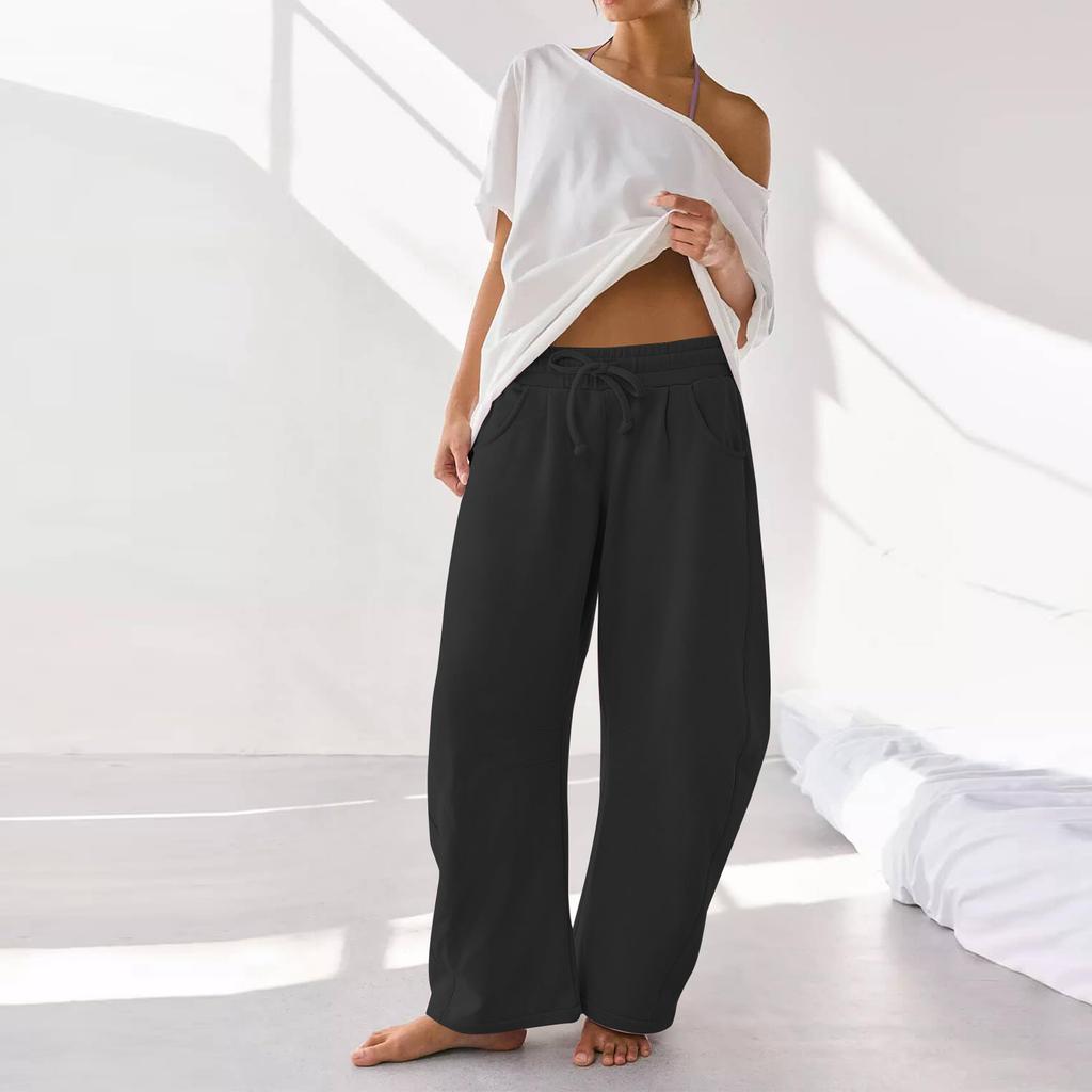 Women's Barrel Leg Sweatpant Drawstring Elastic Waisted Wide Leg Pants Casual Cotton Palazzo Trousers With Pockets
