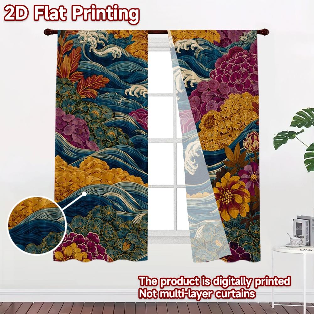 2D FLAT PRINTING 2pcs Curtains (Without Rod) Colorful Waves and Blooms Popular Curtains&Drapes Versatile Fabric Curtains Present