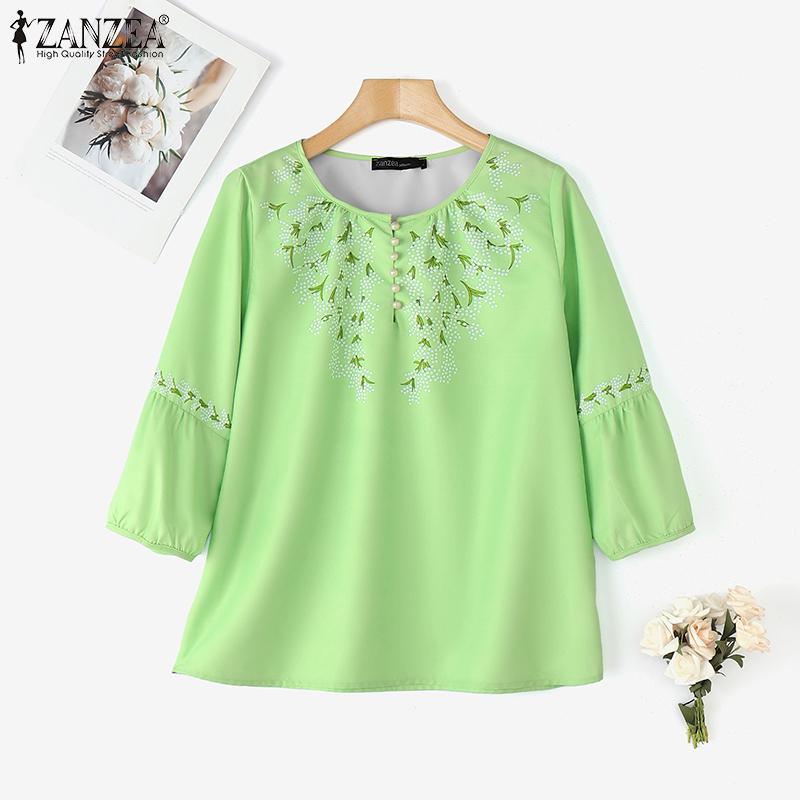 Neck Round Casual Women Zanzea Long Sleeve Loose Print Blouse