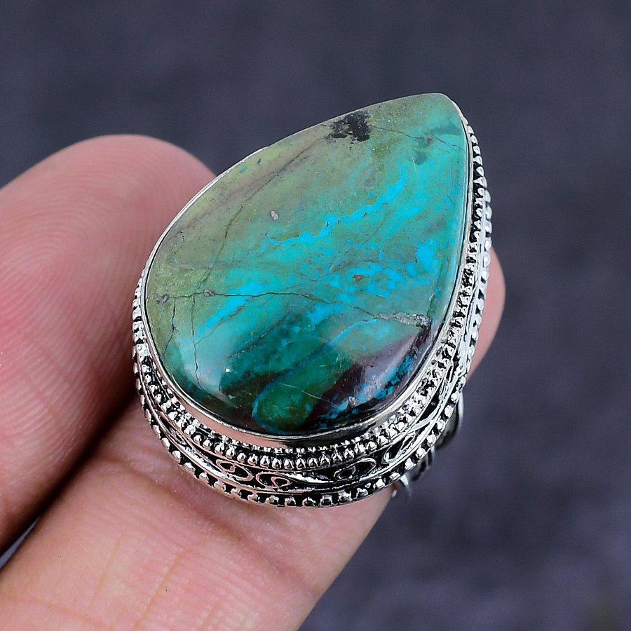 Кольцо из стерлингового серебра 925 пробы с натуральным драгоценным камнем хризоколла, размер 7 c4a63
