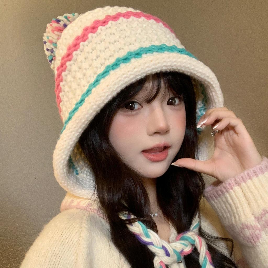 Rainbow Stripe Knitted Hat Women's Autumn and Winter Warm Ear Protector Strap Pullover Hat Student Versatile Wool Hat Tide