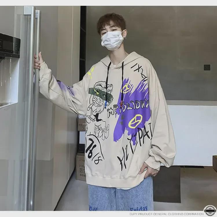 Осень 2024 г. Мужской повседневный свитер с капюшоном в стиле Гонконга с принтом в стиле хип-хоп больших размеров