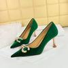 Women's Banquet High Heels Suede Surface Shallow Mouthed Pointed Metal Pearl Rhinestone Buckle Single Shoes