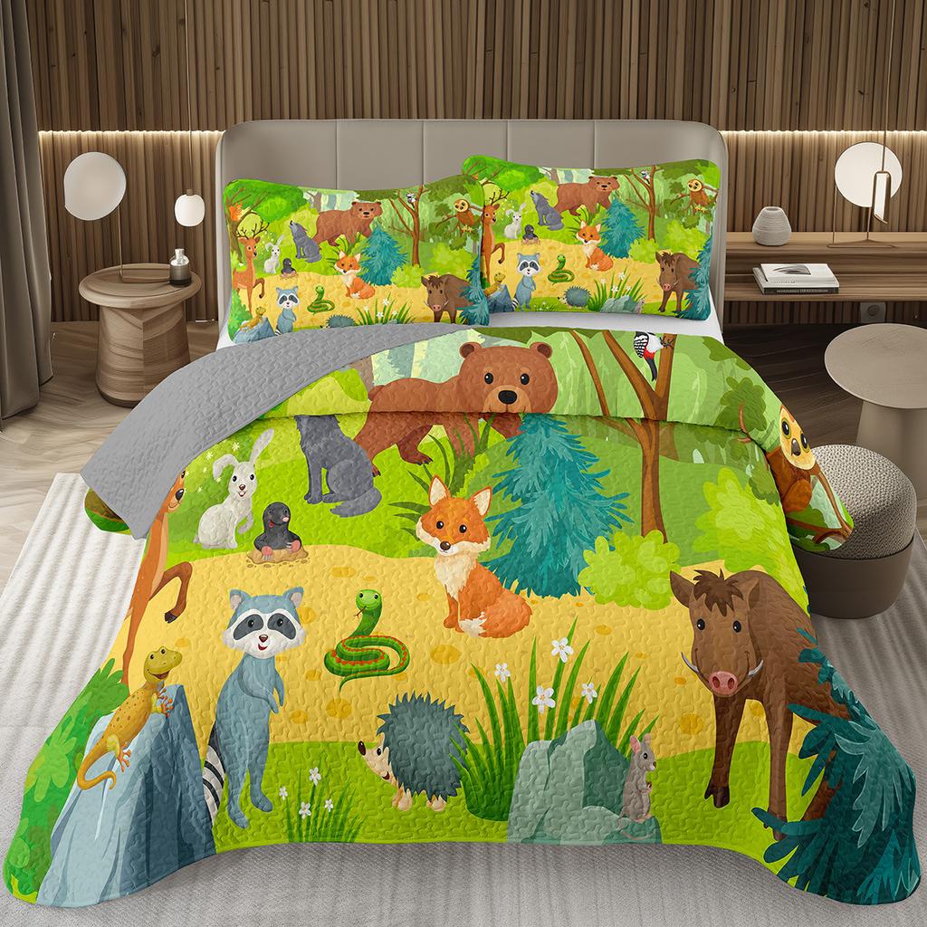 Funny Cartoon Animal Bedspread Queen/Full Kawaii Elephant Panda Coverlet Reversible Grey Quilted Bedding Set For Kids Teen Room