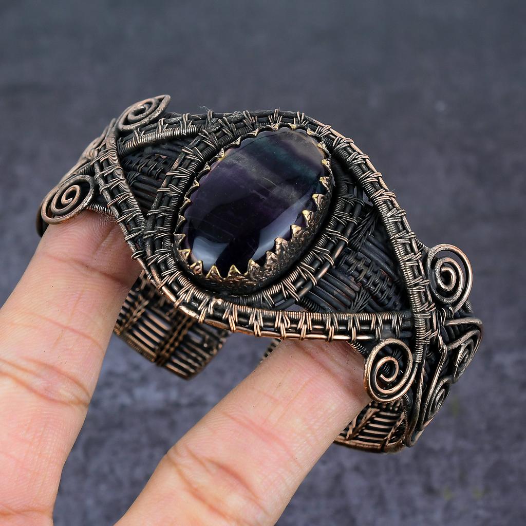 Fluorite Gemstone Handmade Copper Wire Wrap Cuff Bangle Adjustable o2D81