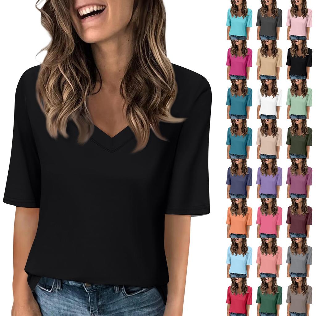 Women's Solid-color V Neck T Shirts Half Sleeve Tops Printed Casual Summer Tees T Shirt Blouse