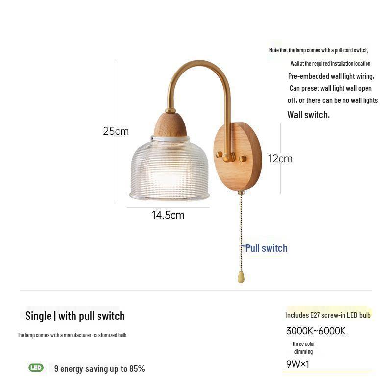 Solid Wood Pull Cord Wall Lamp - Bedside, Corridor, or Study Cream Lamp