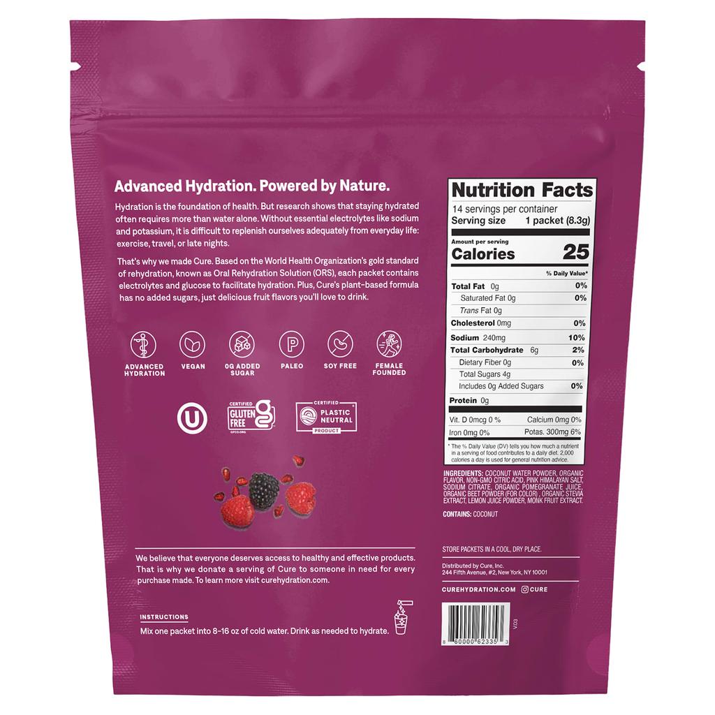 Cure Hydration Electrolyte Mix for Balance, Wild Thing Berry Pomegranate, 14 Individual Packs, 0.29 Oz (8.3 G) Each